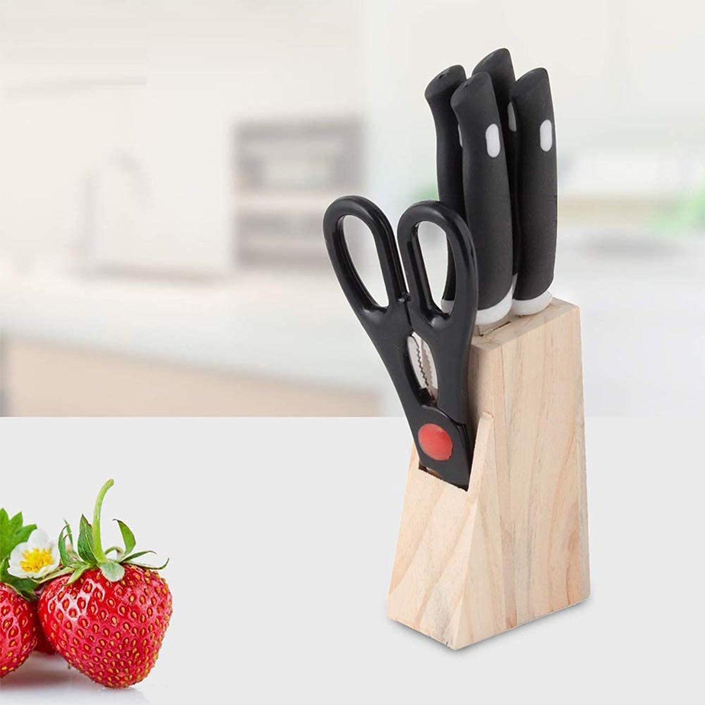 5-Piece Black Kitchen Knife Set with Wooden Block & Scissors - Happy Price - Image 3