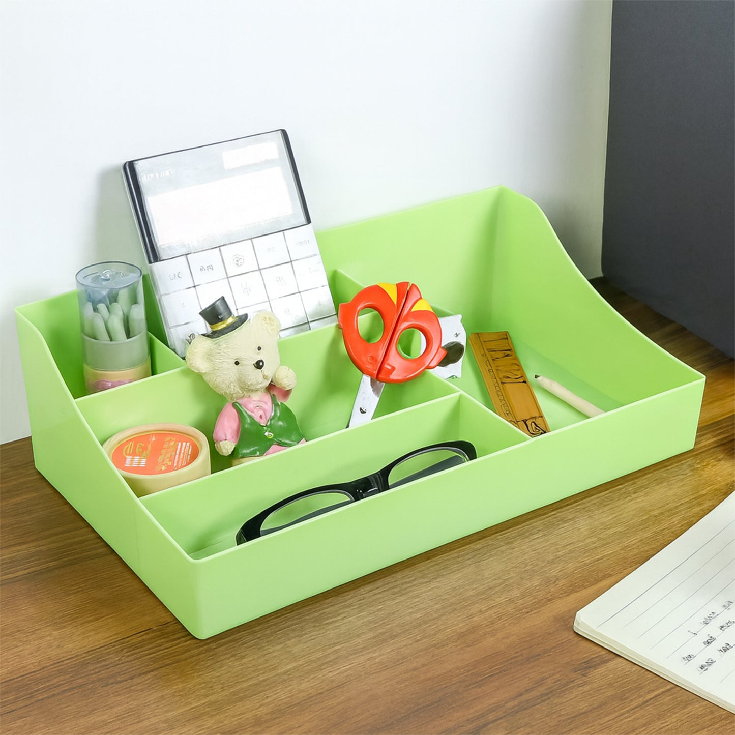 Multi-Compartment Desk Organizer Tray - Green Plastic Storage for Office & Study - Happy Price - Image 6