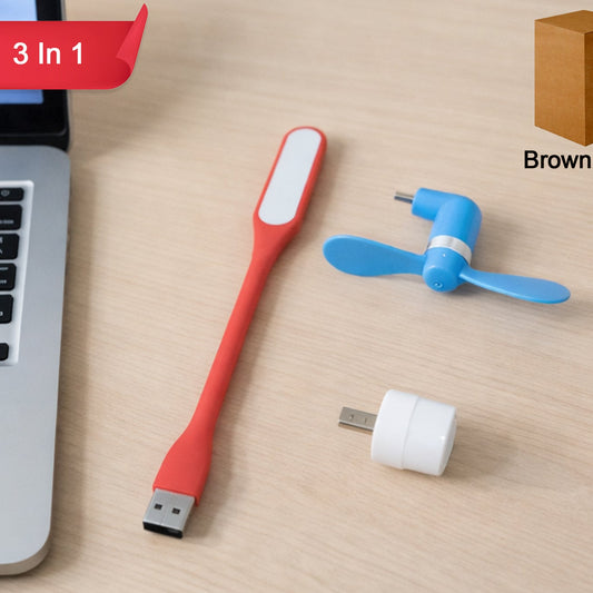 3-in-1 USB Gadget Kit: LED Light, Mini Fan & OTG Adapter - Happy Price - Image 1