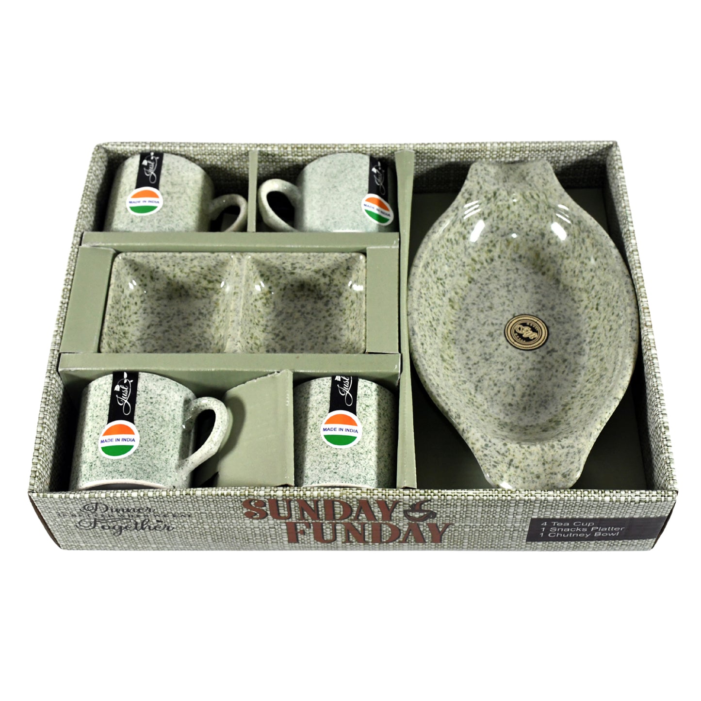 Sunday Funday Ceramic Tea  Cups  Mug With Plastic Snacks Platter And 2 Compartment Chutney Bowl Milk Cup Coffee Cup Breakfast Cup Drinking Mug Or Outdoor For Household Gift For Birthday Wedding Party (6 Pcs Set) - Happy Price - Image 4