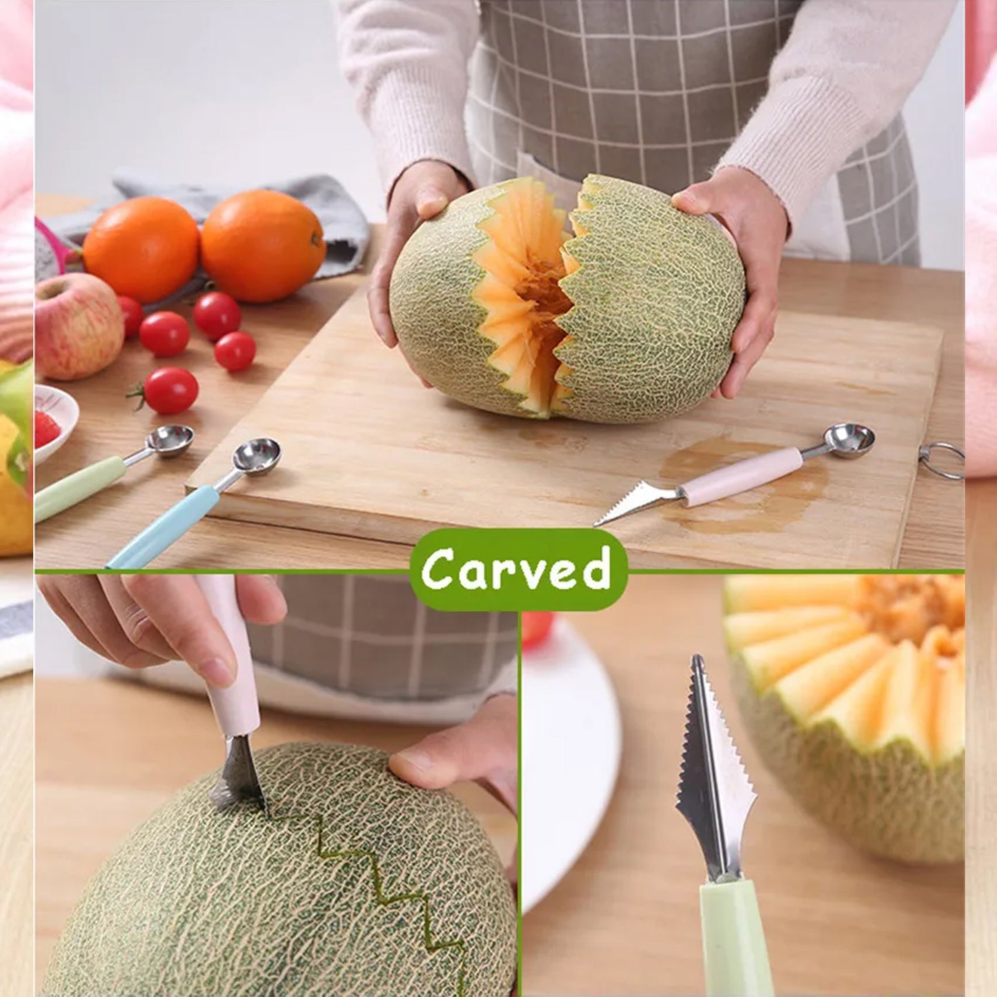 Multifunctional Stainless Steel Fruit Vegetable Pattern Carving Knife Peeler Corer Spherical Dig Ball Scoop Garnishing Dig Ball Spoon Kit. - Happy Price - Image 6