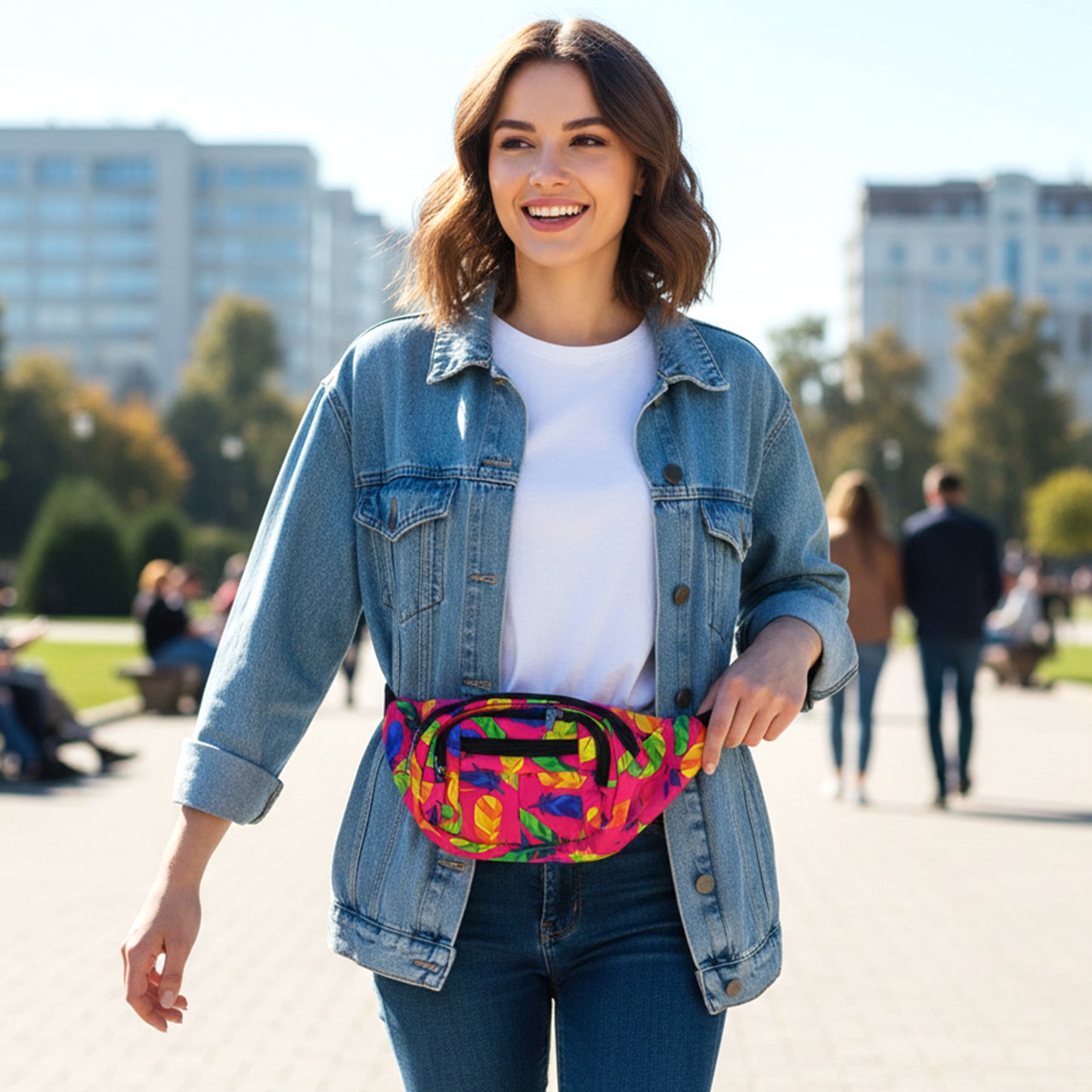 Printed Waist Bag with Adjustable Strap & Multiple Pockets (1 Pc) - Happy Price - Image 3