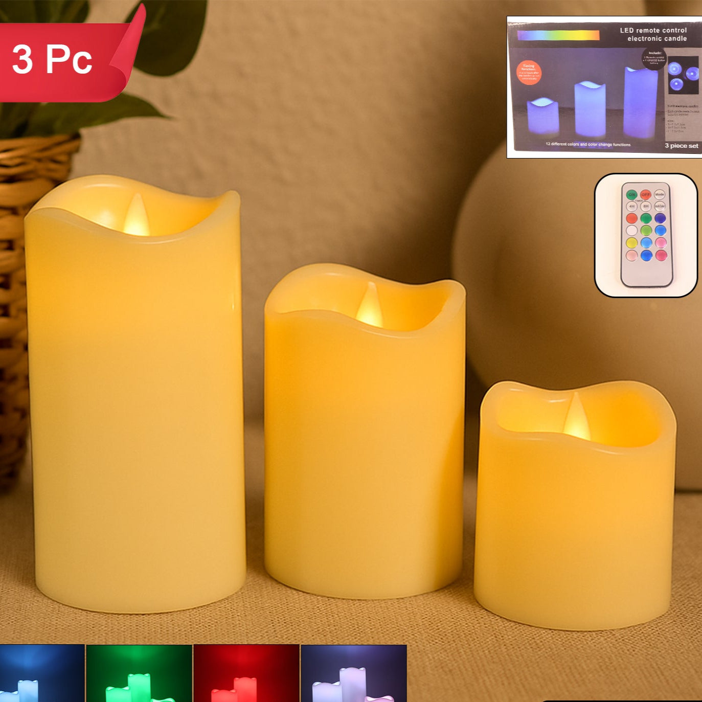 3 Piece LED Flameless Candle Set with Remote Control - Multicolor Ambiance Lights - Happy Price - Image 1