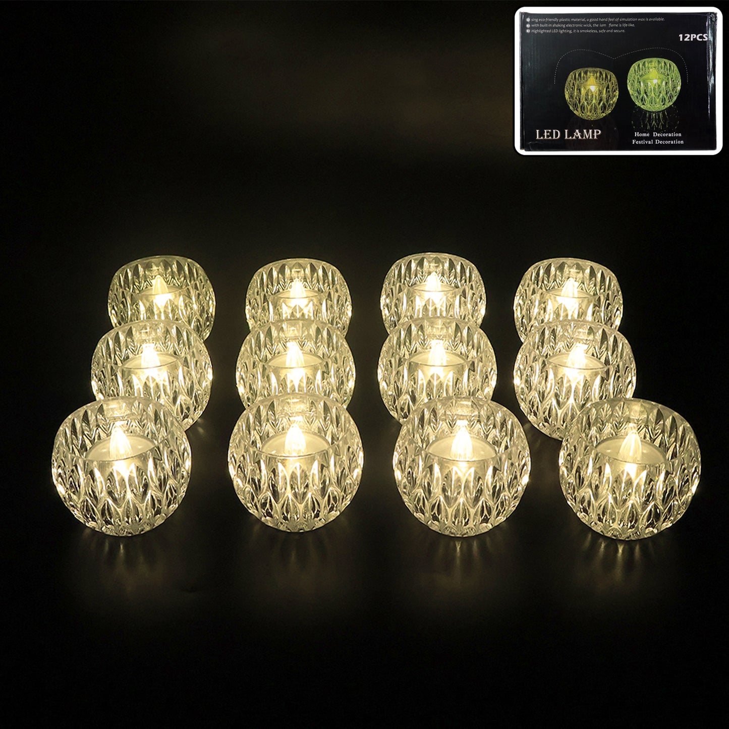 Set of 12 Crystal Effect LED Flameless Tealight Candles - Battery Operated Decorative Lamps - Happy Price - Image 3