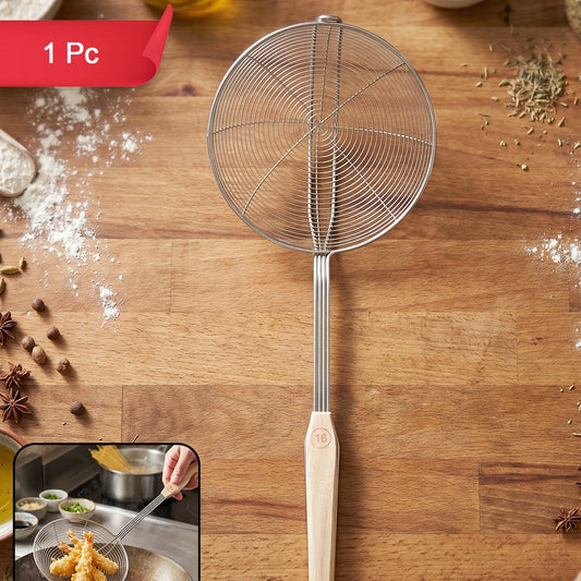 Stainless Steel Frying Skimmer Strainer With Wooden Handle (1 Pc 45 Cm)