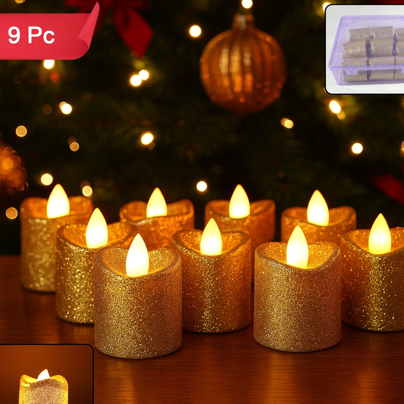Christmas Glitter LED Tealight Candles - 9 Pc Set for Festive Ambiance - Happy Price - Image 1