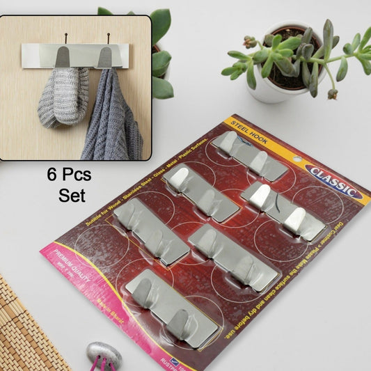 Multipurpose  Stainless Steel Self Adhesive Wall Hanging Hooks Sticker Hooksuitable For Wall Paper Calender Bathroom Tiles Kitchen Key Hange And Etc Double Hook (6 Pc Set) - Happy Price - Image 1