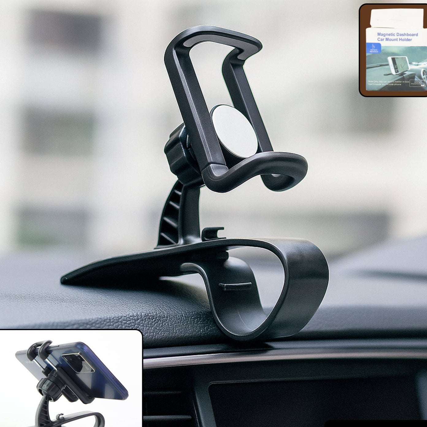 Adjustable Car Dashboard Phone Mount - 360° Rotating Clip-On Holder for Smartphones - Happy Price - Image 1