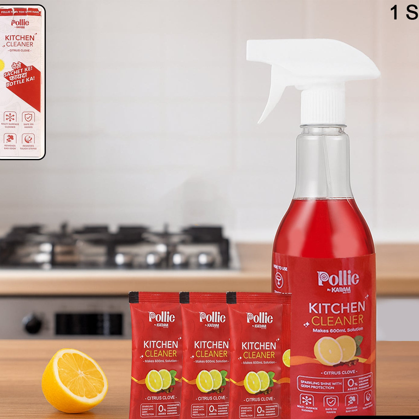 Kadam Concentrated Kitchen Cleaner Refill Kit with Spray Bottle - Citrus Clove, 3 Sachets for 600ml - Happy Price - Image 1