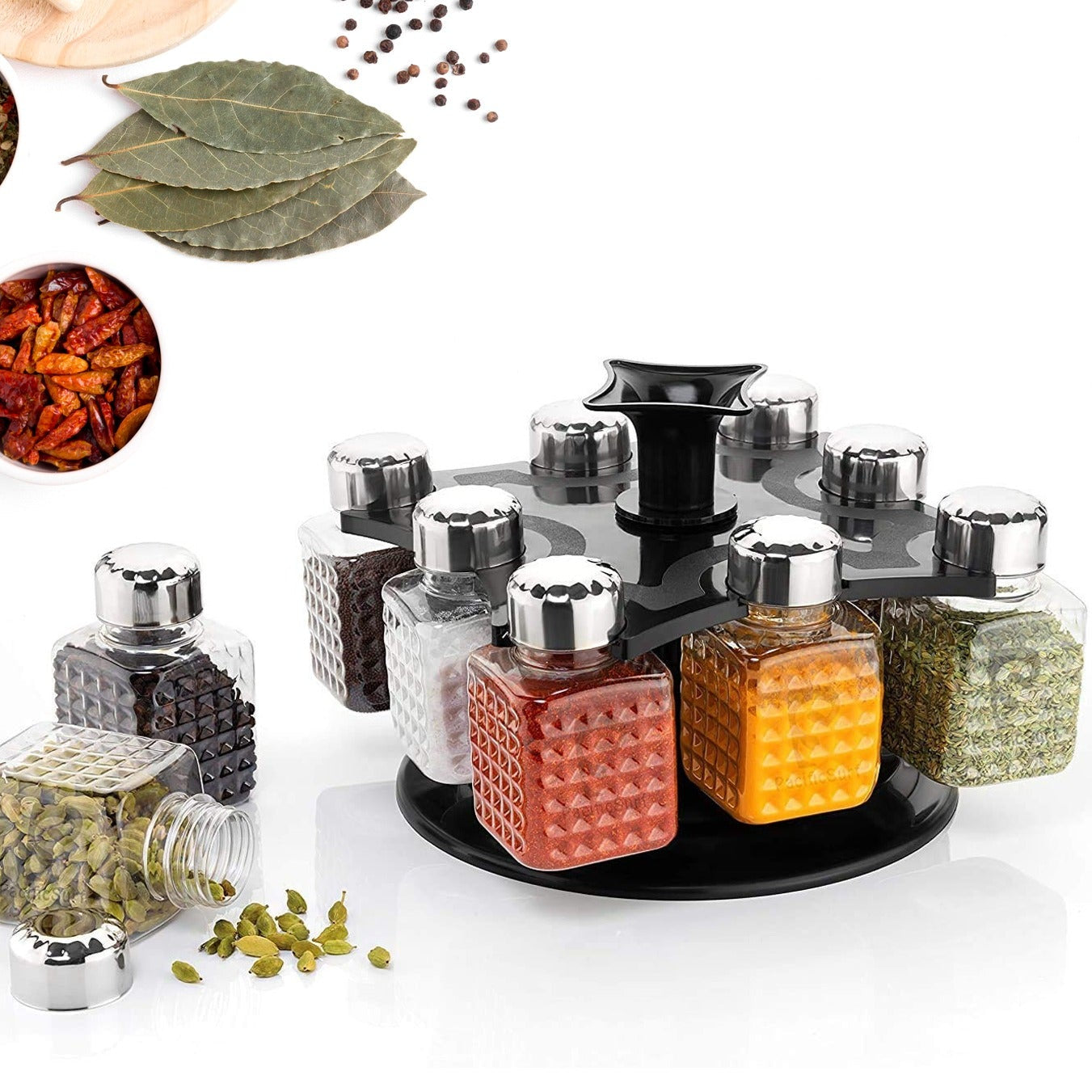 All New Square 8 Bottle Design 360 Degree Revolving Spice Rack Container Condiment Pieces Set Square Small Container - Happy Price - Image 1