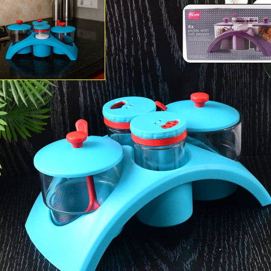 4 Pc Condiment Storage Set with Stand - Airtight Pickle, Salt & Pepper Containers - Happy Price - Image 1