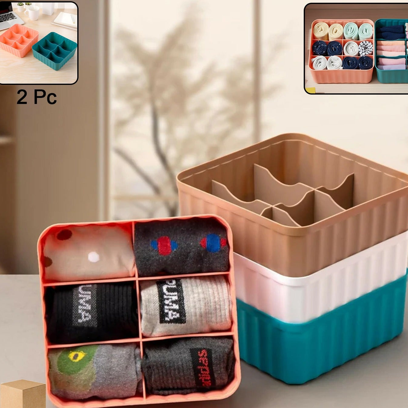 Set of 2 Square Storage Boxes with 6 Compartments Each - Happy Price - Image 1