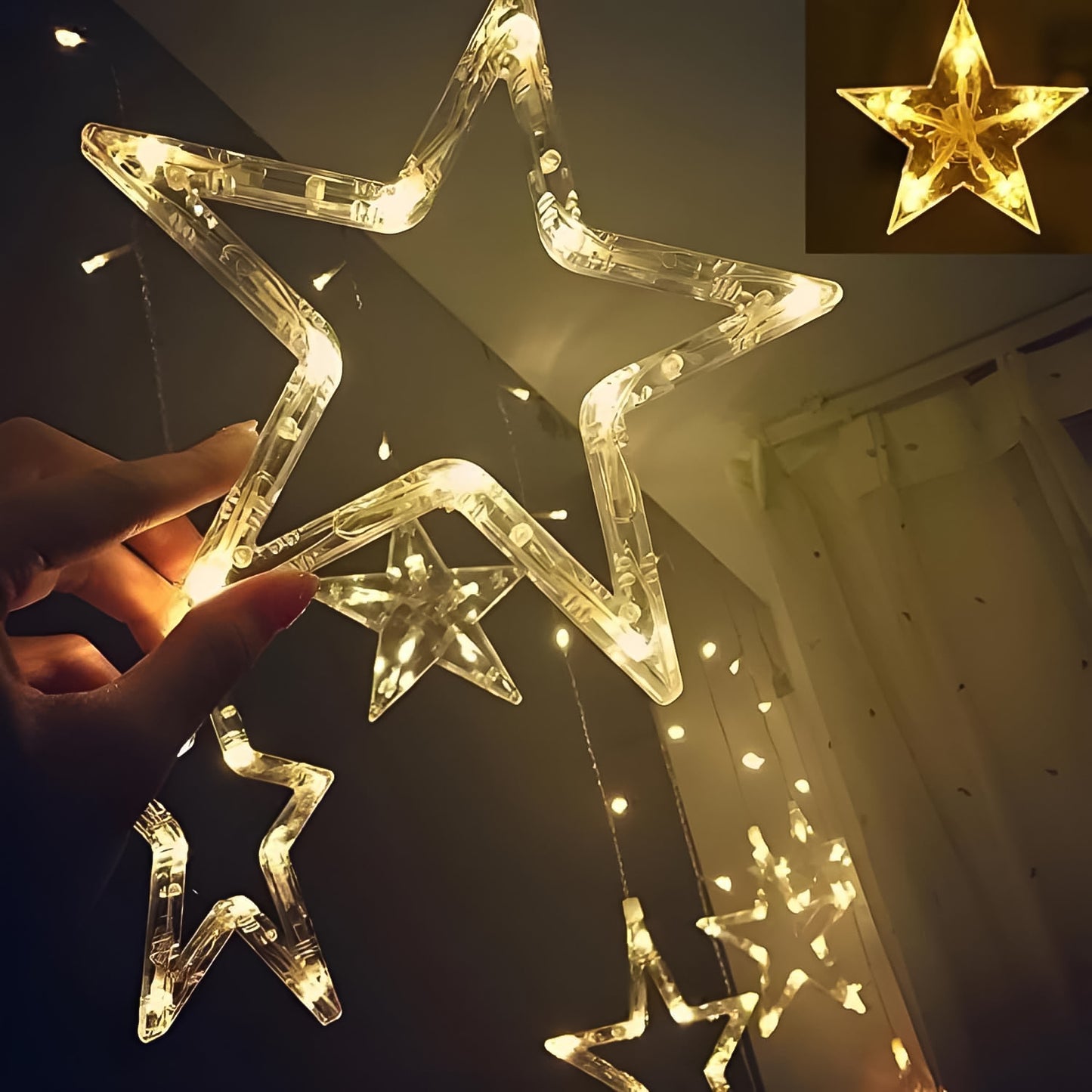 12 Star LED Curtain Lights - Warm White, 8 Modes for Festivals & Home Decor - Happy Price - Image 3