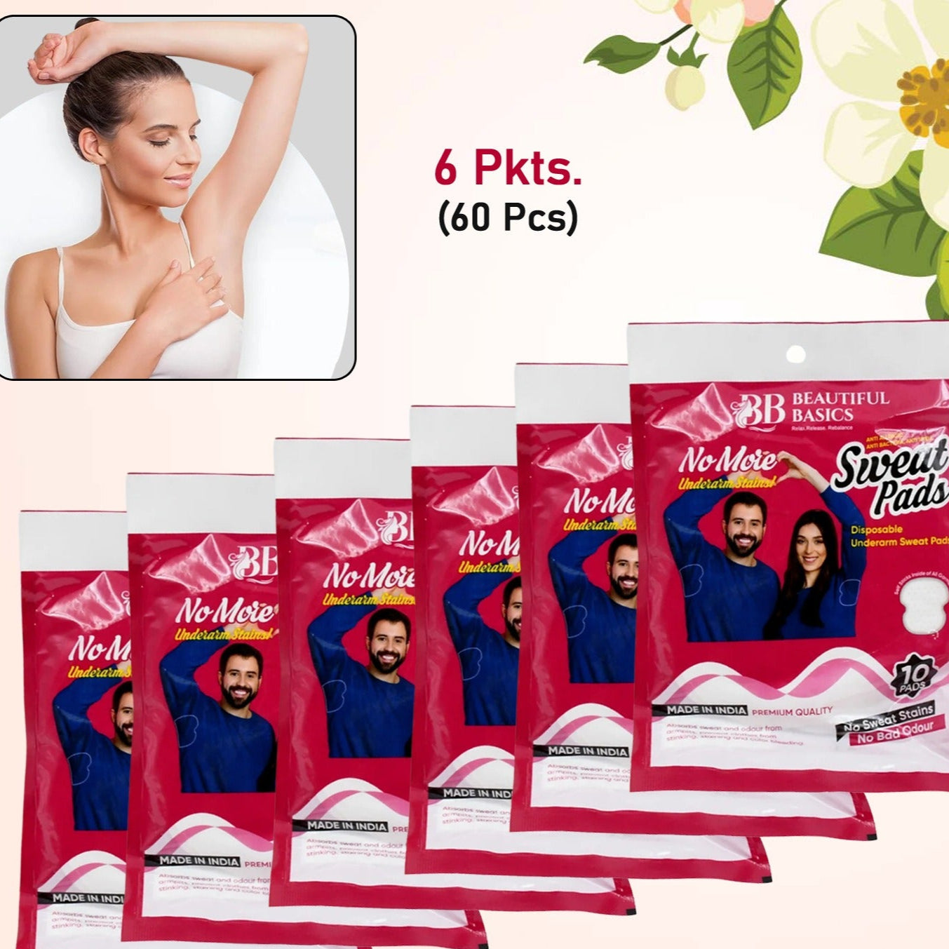 Beautiful Basics Underarms Sweat Pads Disposable (Pkts 6x 60 Pcs Set) - Happy Price - Image 1