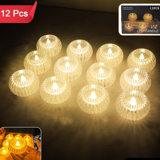 Set of 12 LED Crystal Effect Flameless Candles - Battery Operated Decorative Tealights - Happy Price - Image 1