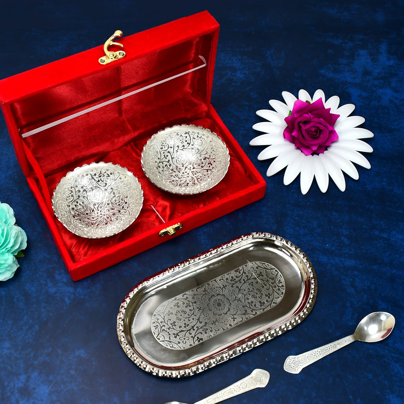 Silver Plated 2 Bowl 2 Spoon Tray Set Brass With Red Velvet Gift Box Serving Dry Fruits Desserts Gift - Happy Price - Image 1