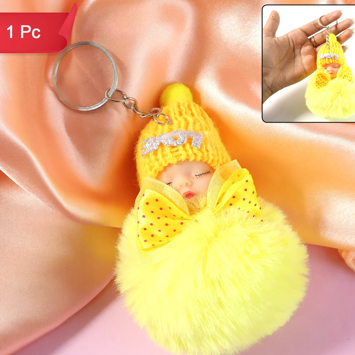 Cute Sleeping Doll Plush Keychain with Soft Fur Ball - 1 Pc - Happy Price - Image 1