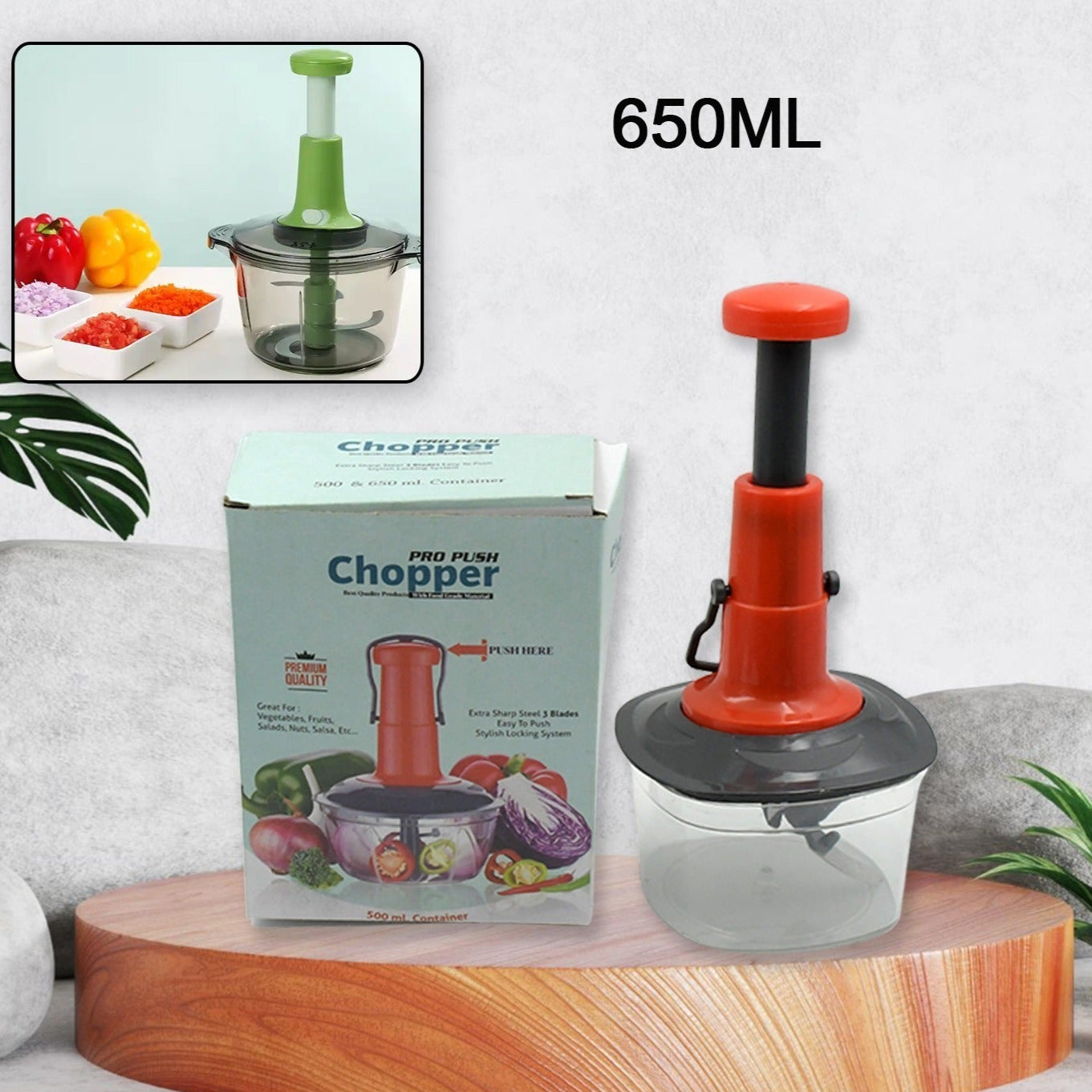 Manual Press Fruit  Vegetable Chopper With 3 Stainless Steel Blades Anti-slip Base And Locking System Cutting Chopper For Kitchen (650 Ml) - Happy Price - Image 1