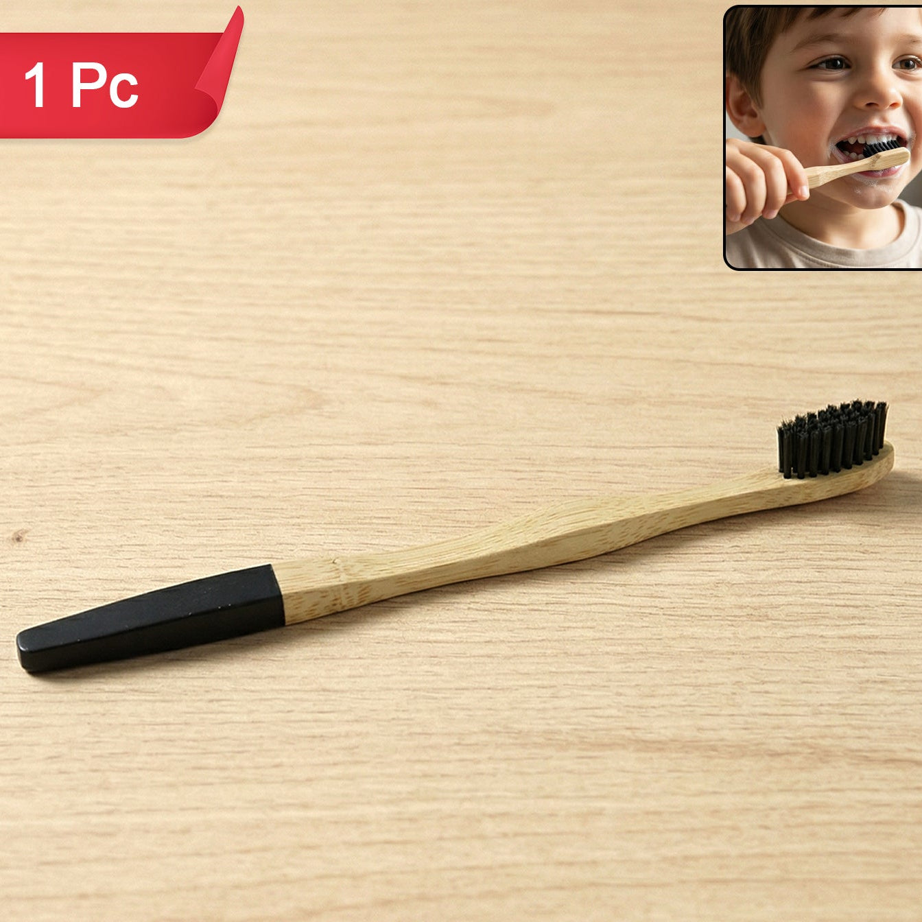 Natural Bamboo Toothbrush With Soft Charcoal Bristles (1 Pc)