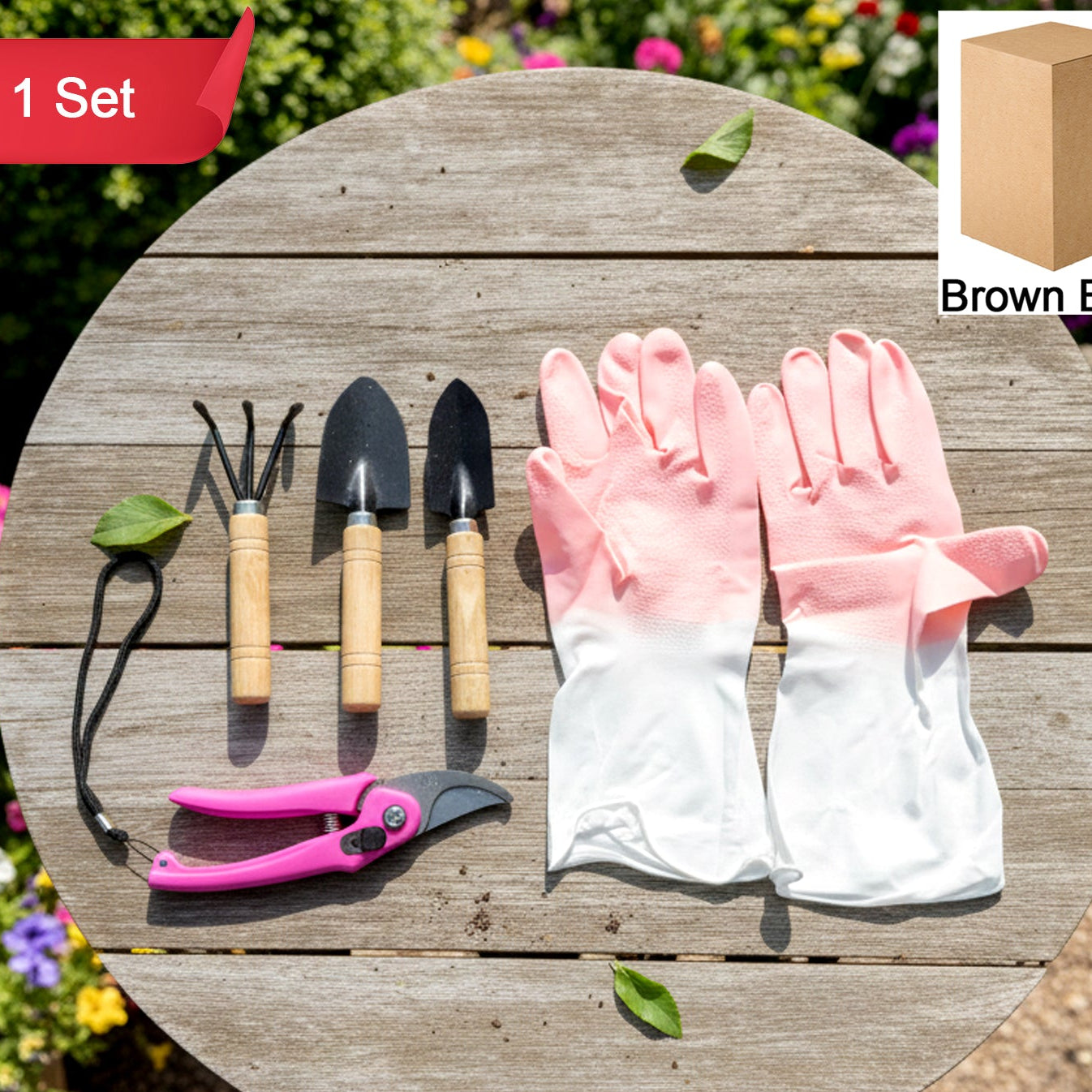 Gardening Tool Kit with Gloves (1 Set) - Hand Trowel, Transplanter, Cultivator, Pruner - Happy Price - Image 1
