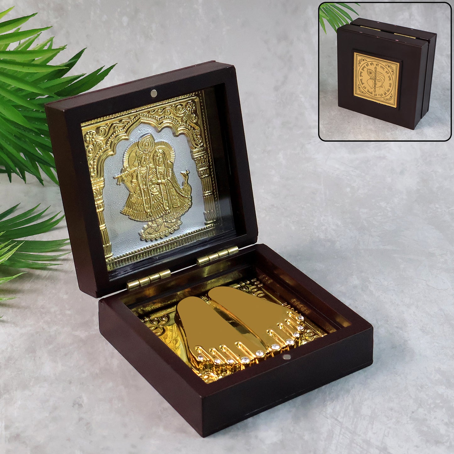 Golden Charan Paduka Set in Wooden Box - Spiritual Pooja Accessory - Happy Price - Image 2