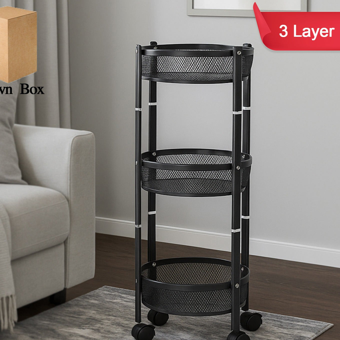 3-layer Round Metal Mesh Utility Storage Trolley With Wheels - Happy Price - Image 1