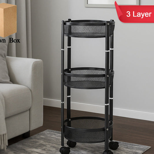 3-layer Round Metal Mesh Utility Storage Trolley With Wheels - Happy Price - Image 1