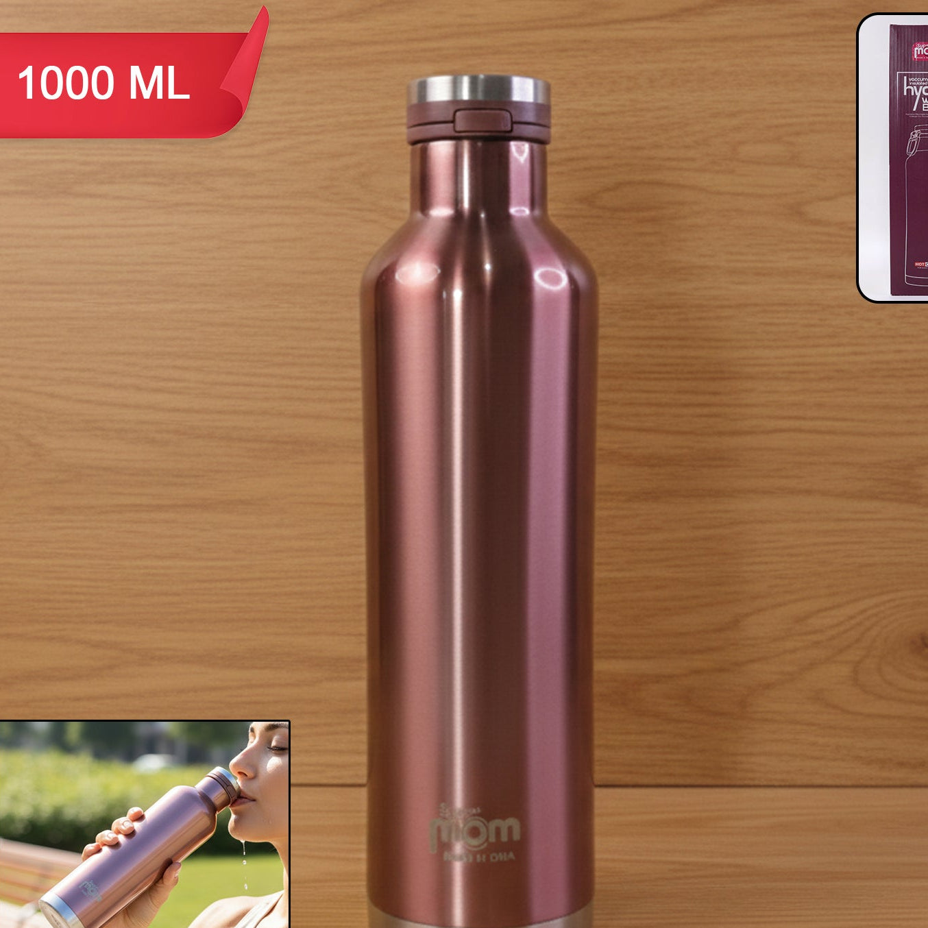 1000 ML Stainless Steel Insulated Water Bottle with Flip Lock Lid - Double Wall Vacuum Flask for Hot & Cold Drinks - Happy Price - Image 1