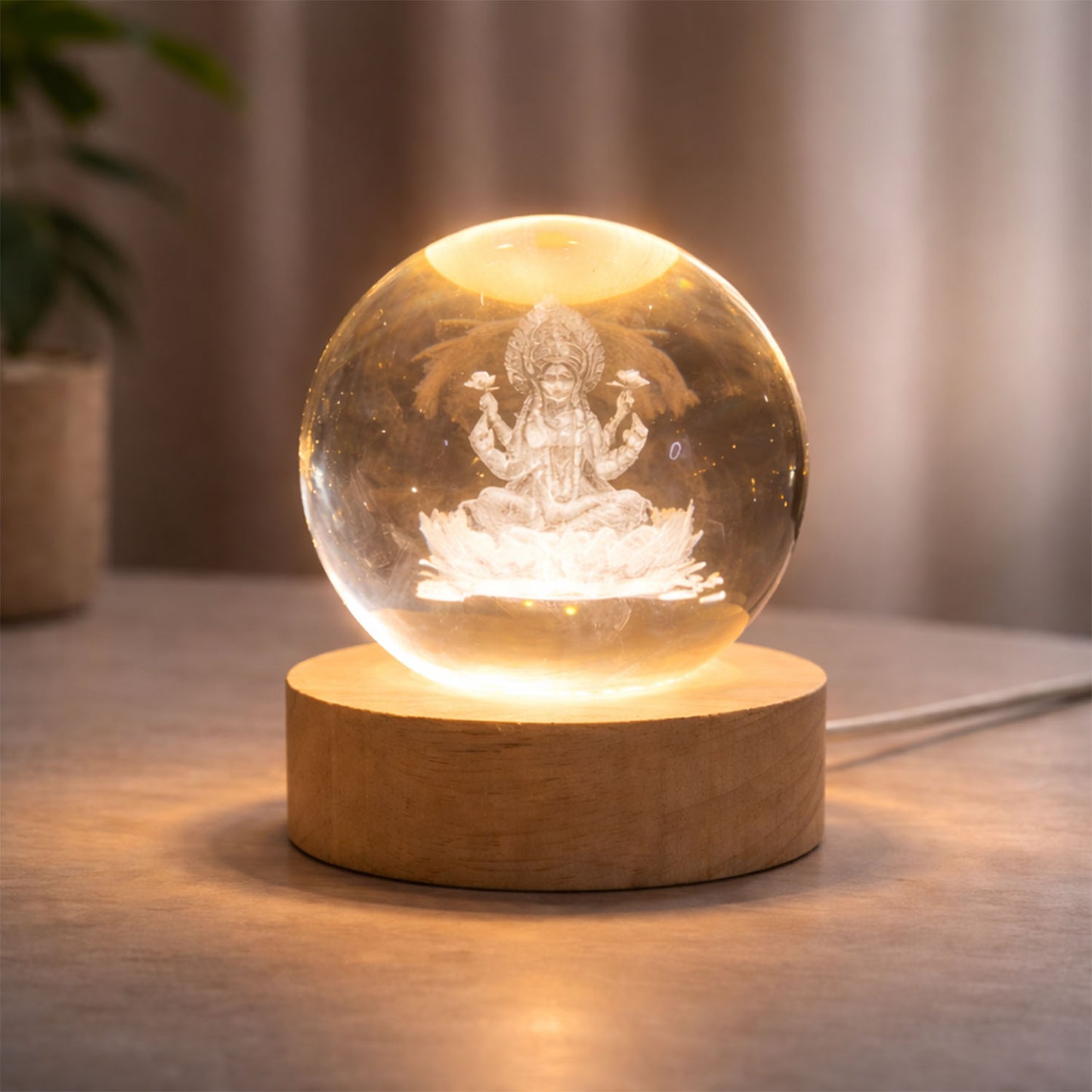 3D Crystal Lakshmi Ball LED Lamp with Wooden Base - Spiritual Decor Light - Happy Price - Image 6