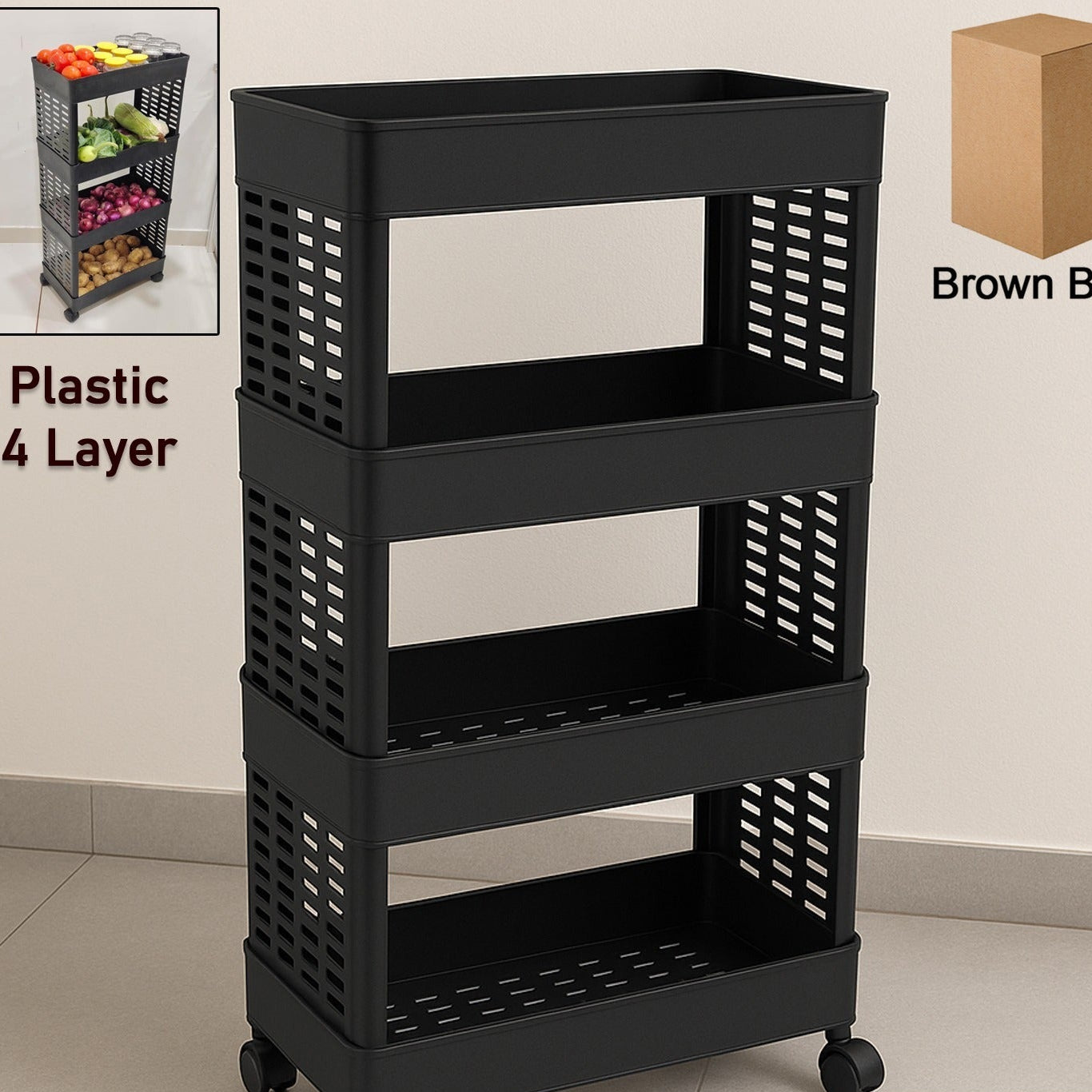 4-Tier Movable Plastic Storage Trolley with Wheels - Happy Price - Image 1
