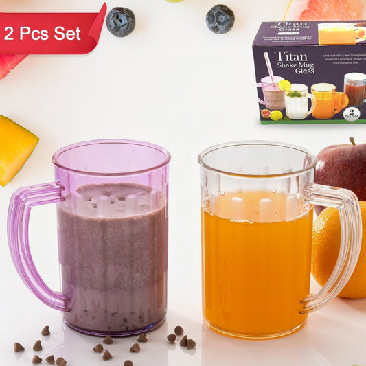 Stylish Juice Glass With Handle Water Glass Beer Glass Milk Shake Glass Multipurpose Glass Plastic Beer Mug Unbreakable Beer Tasting Glasses Clear Juice Glasses Suitable For Kids (2 Pc) - Happy Price - Image 1