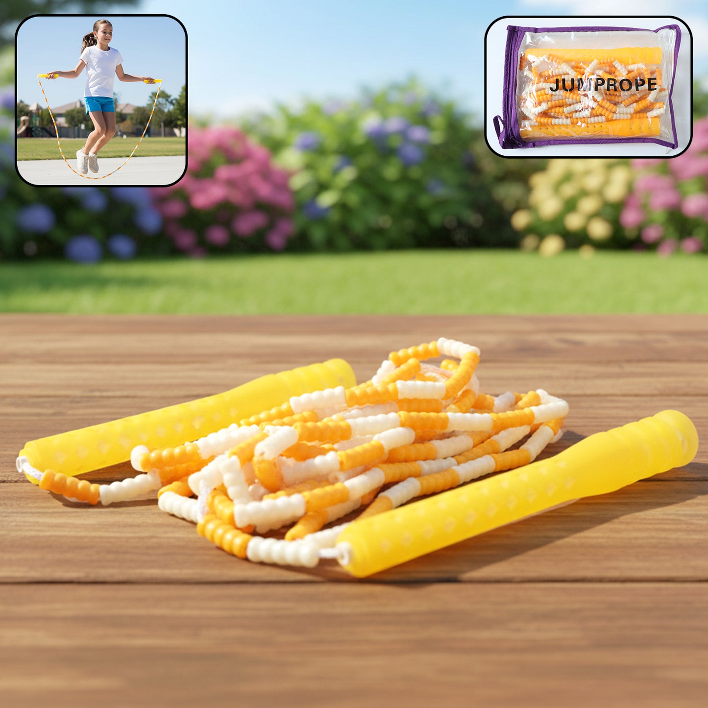 Yellow & White Beaded Skipping Rope for Kids - 1 Set - Happy Price - Image 2