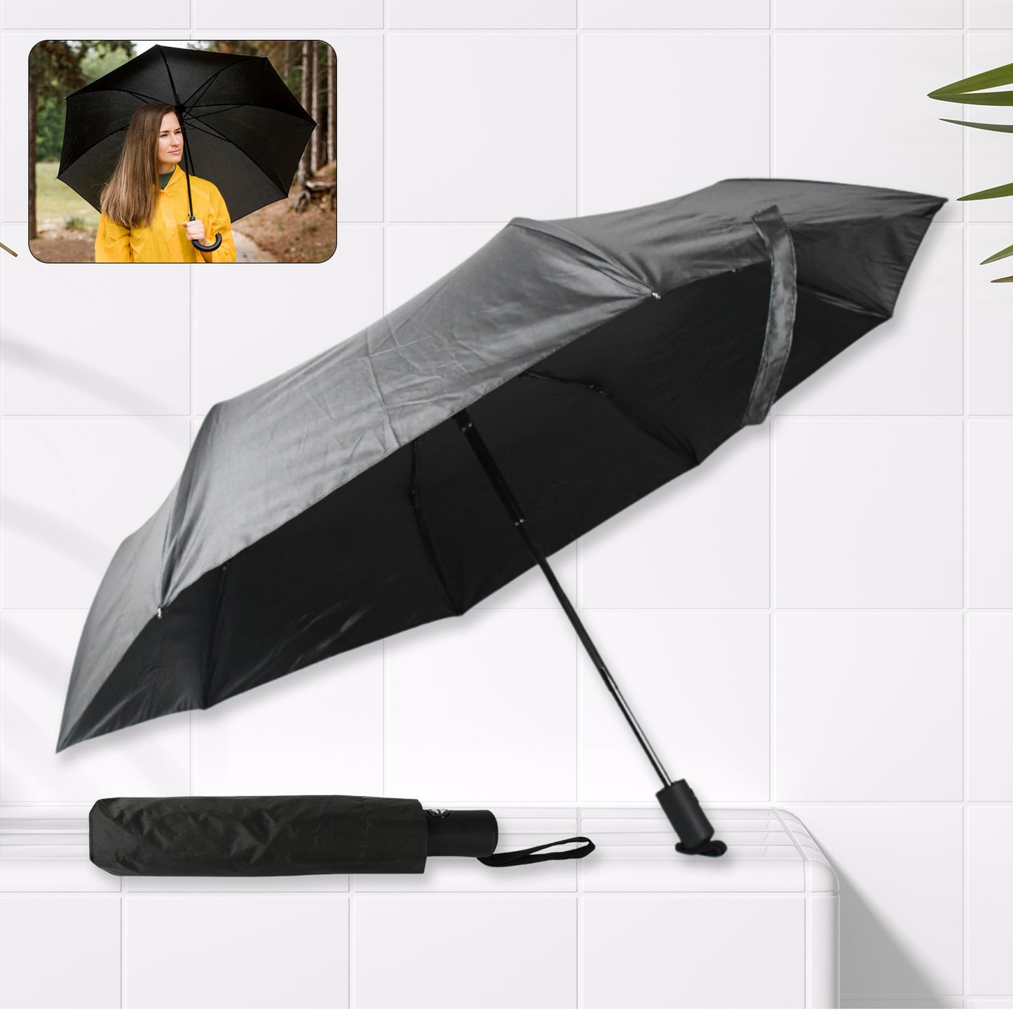 2 Fold Compact Umbrella - Windproof, Sunproof & Rainproof with Steel Shaft and Wrist Strap - Happy Price - Image 2