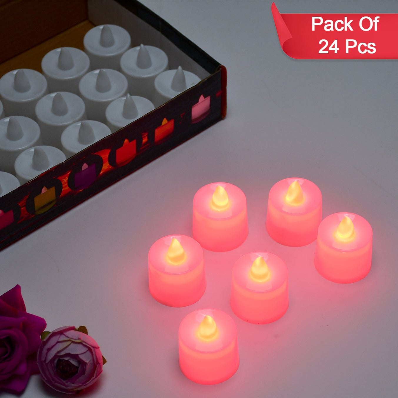 Red Flameless Led Tealights Smokeless Plastic Decorative Candles - Led Tea Light Candle For Home Decoration (Pack Of 24) - Happy Price - Image 1