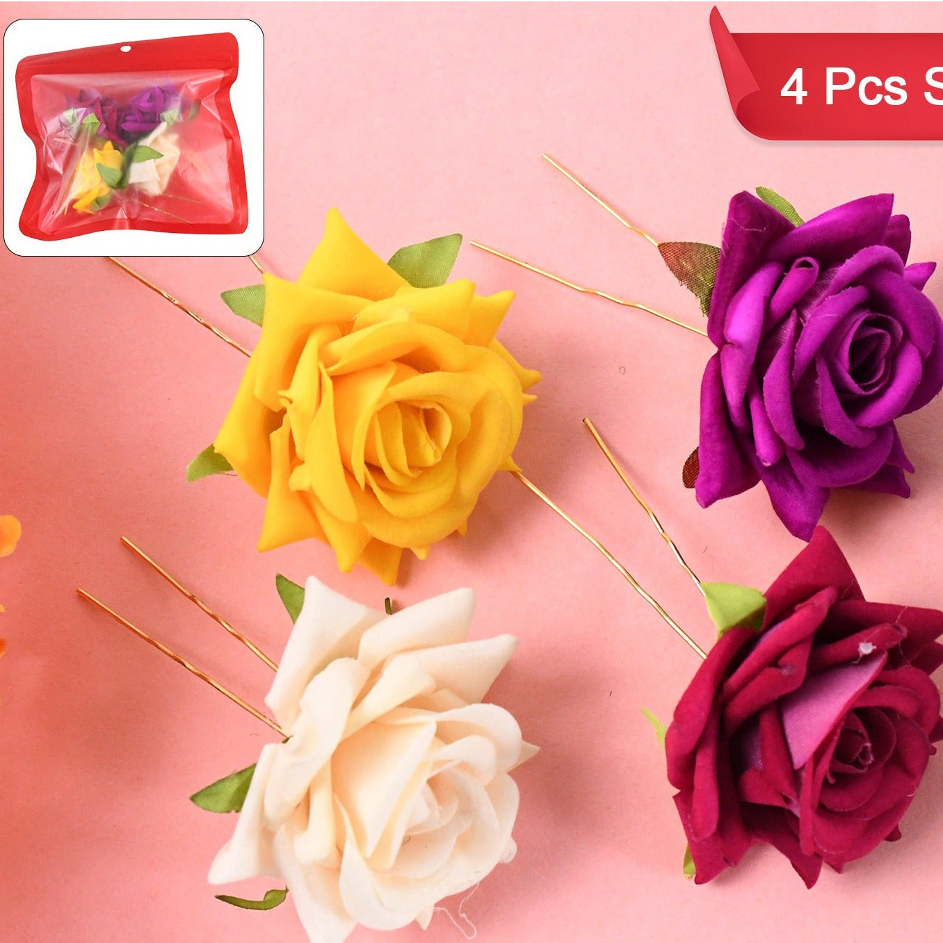 Set of 4 Colourful Flower Hair Pins - Mixed Floral Designs - Happy Price - Image 1