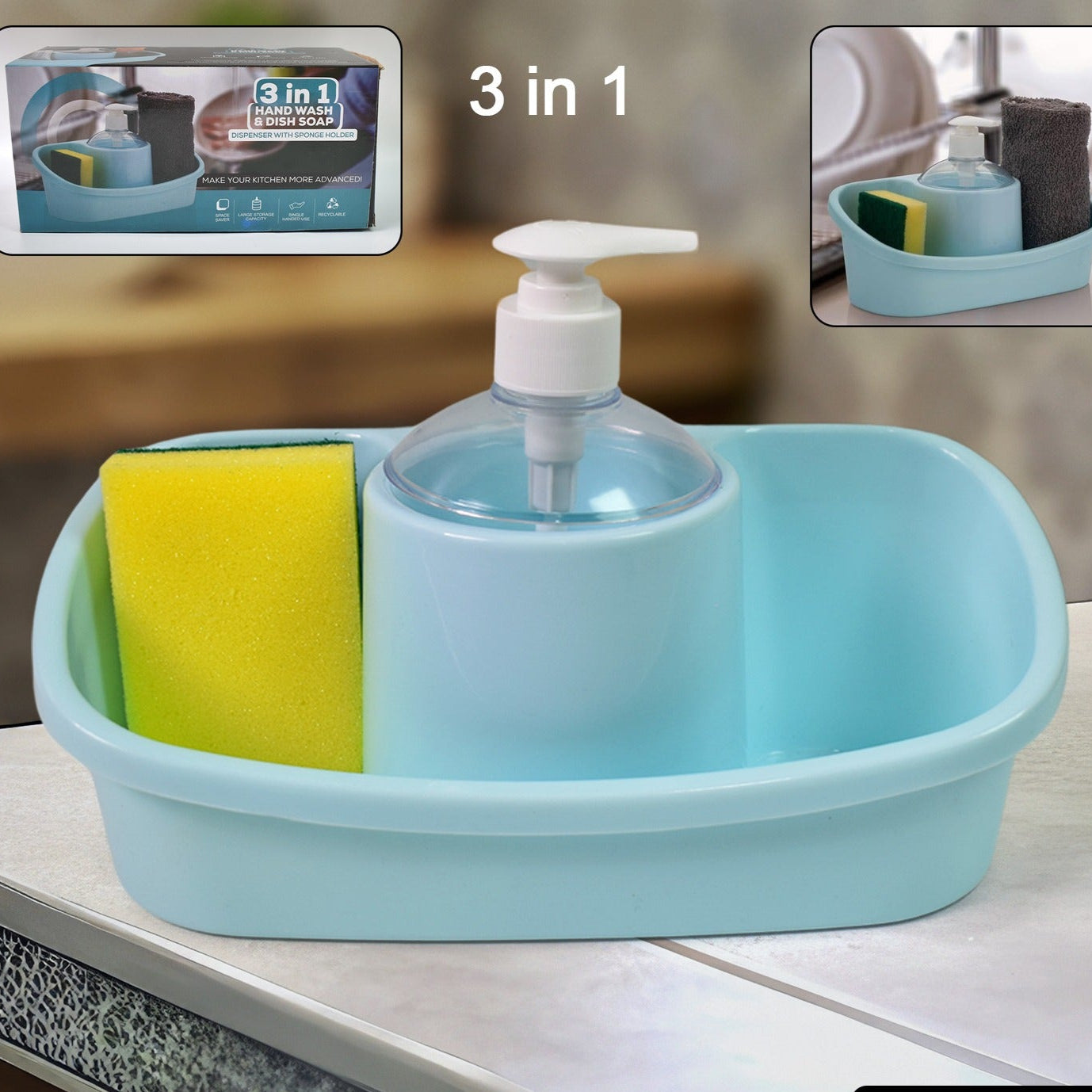 3 In 1 Hand Wash Liquid Soap Dispenser With Sponge Holder (1 Set) - Happy Price - Image 1
