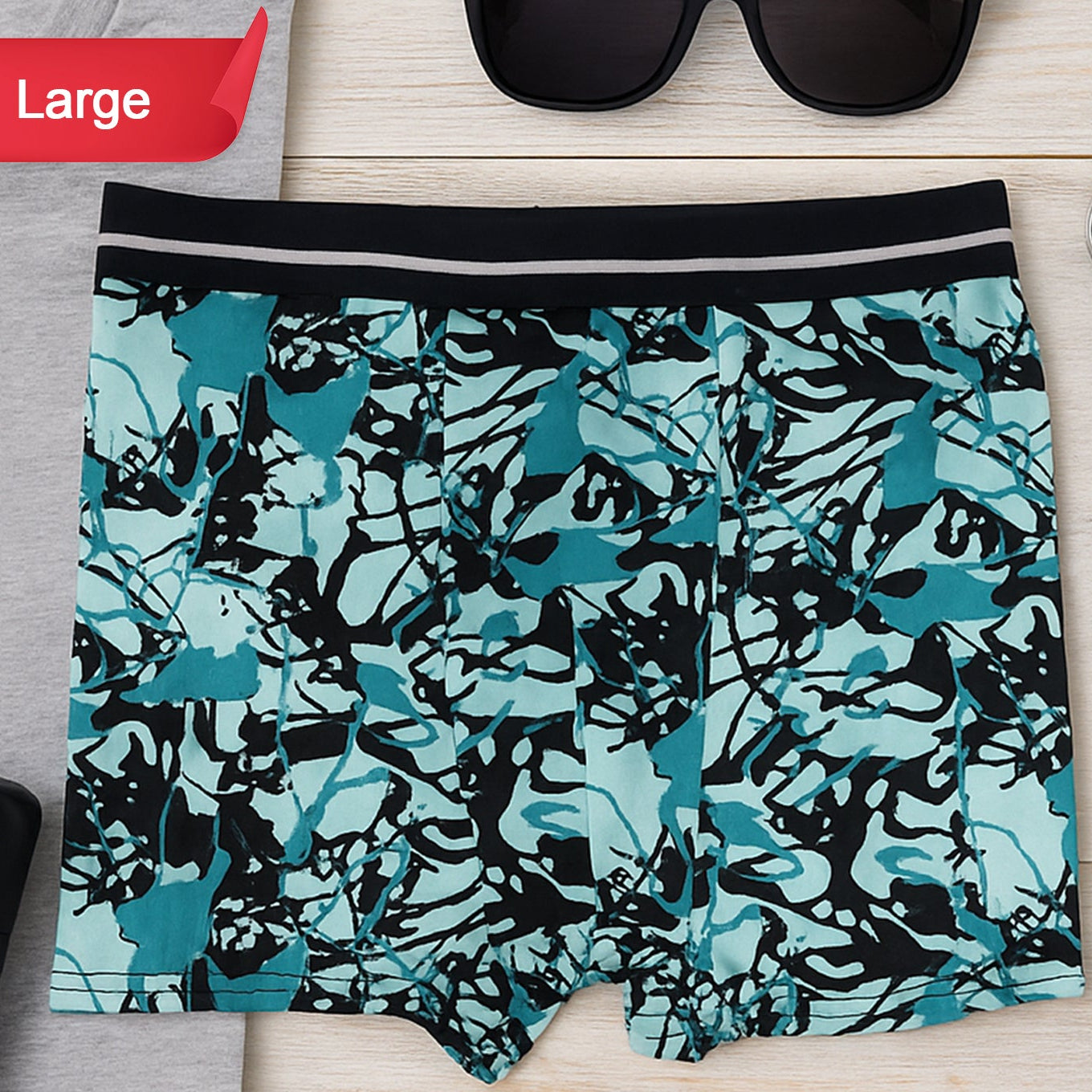 Men's Stretch Boxer Briefs - Large (1 Pc) - Abstract Teal/Black Print - Happy Price - Image 1