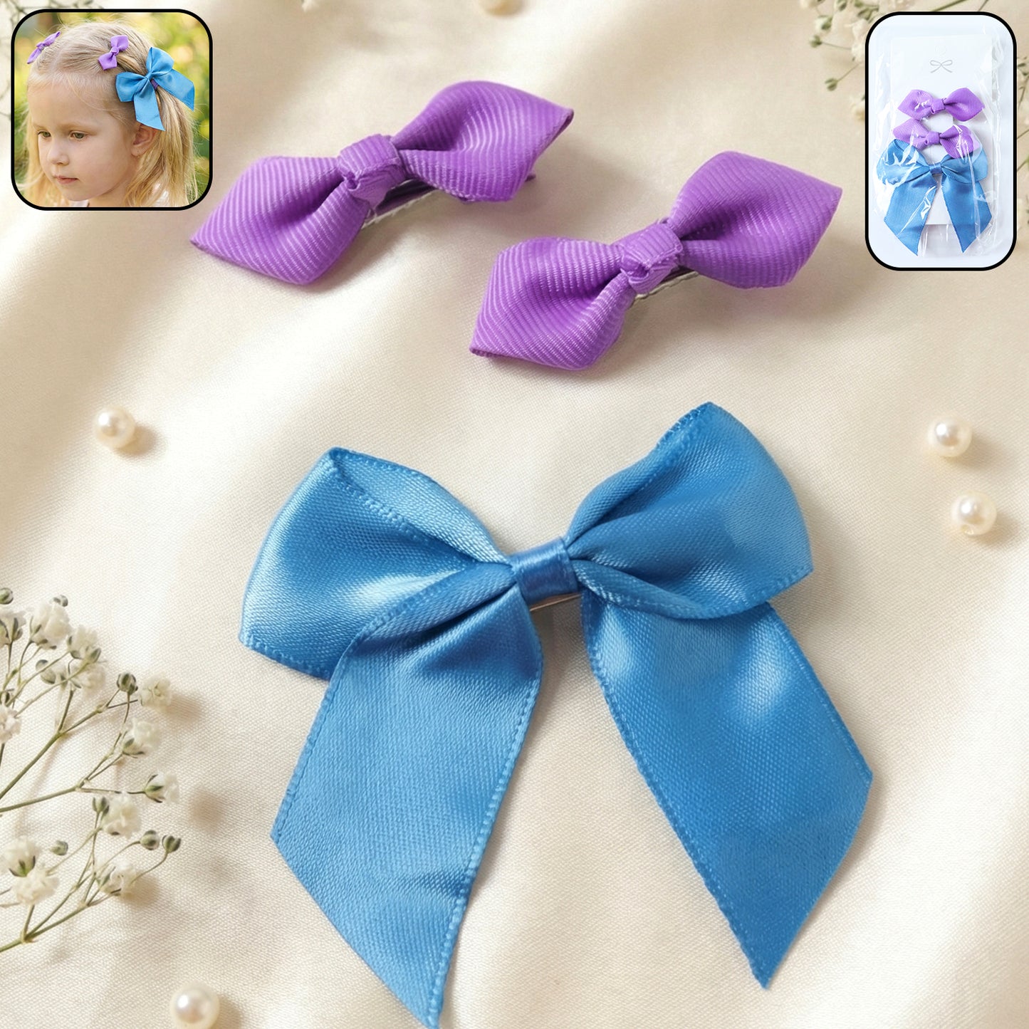 Satin Ribbon Bow Hair Clips for Girls - Set of 3 - Happy Price - Image 2