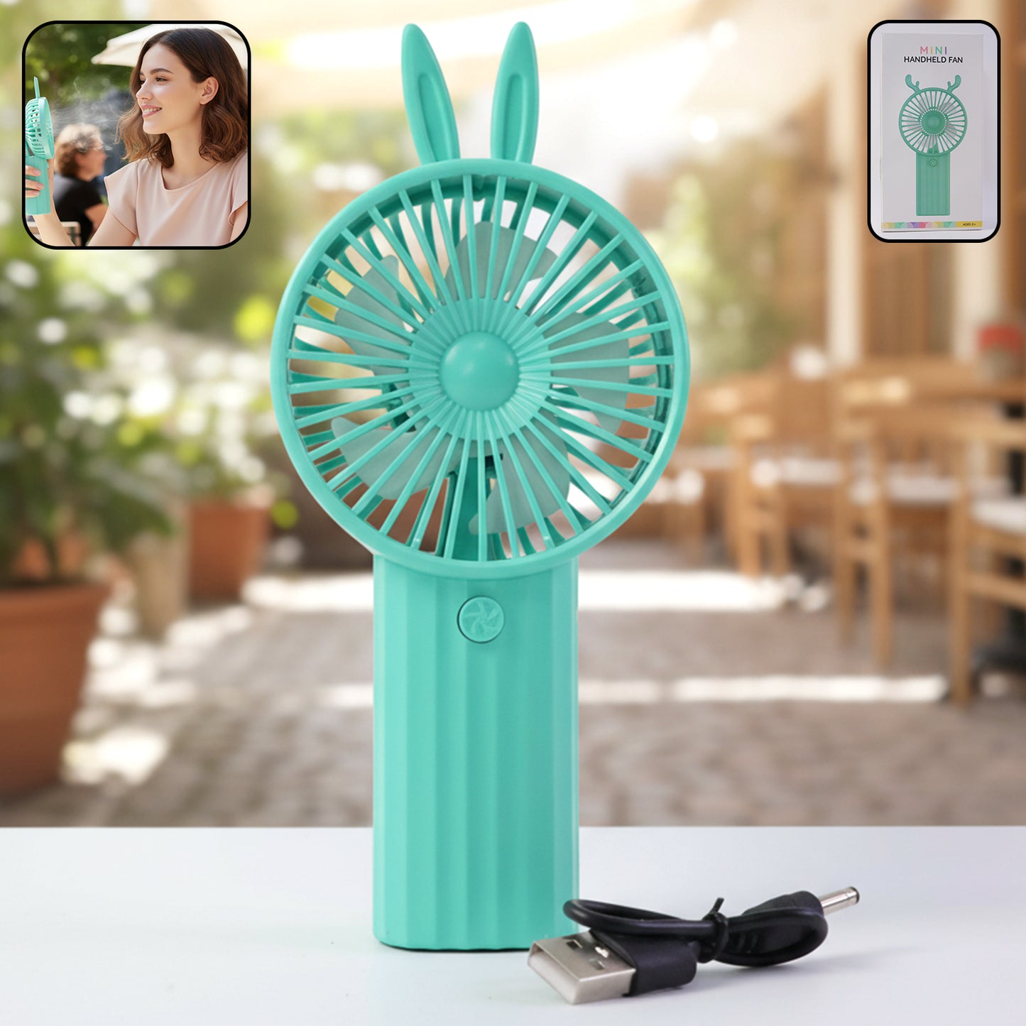 Cute Bunny Ear Mini Handheld Fan, USB Rechargeable Portable Personal Cooler (1 Pc) - Happy Price - Image 2