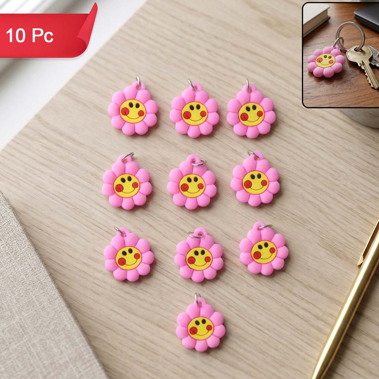 Cute Smiley Flower Shape Bag Charm Keychain Set (10 Pc)