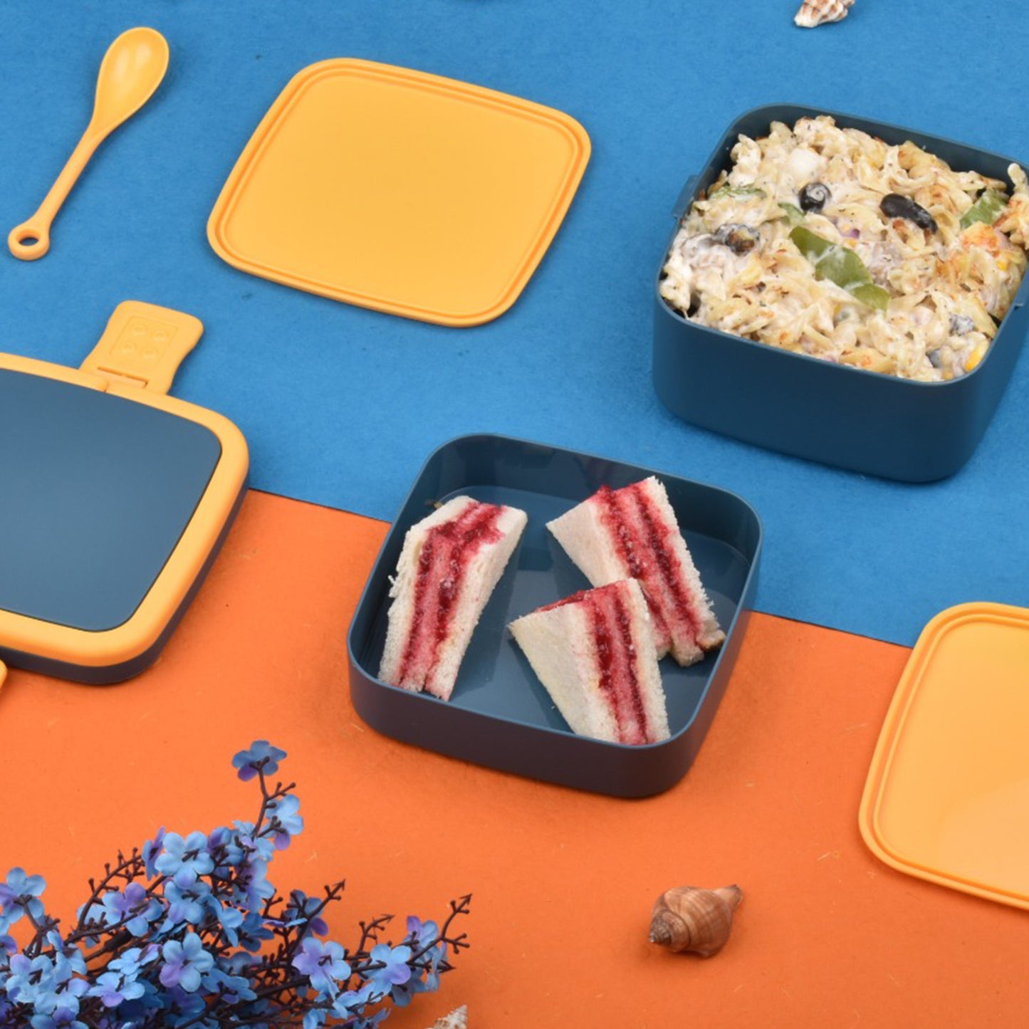 Blue Double-layer Portable Lunch Box Stackable With Carrying Handle And Spoon Lunch Box - Happy Price - Image 5