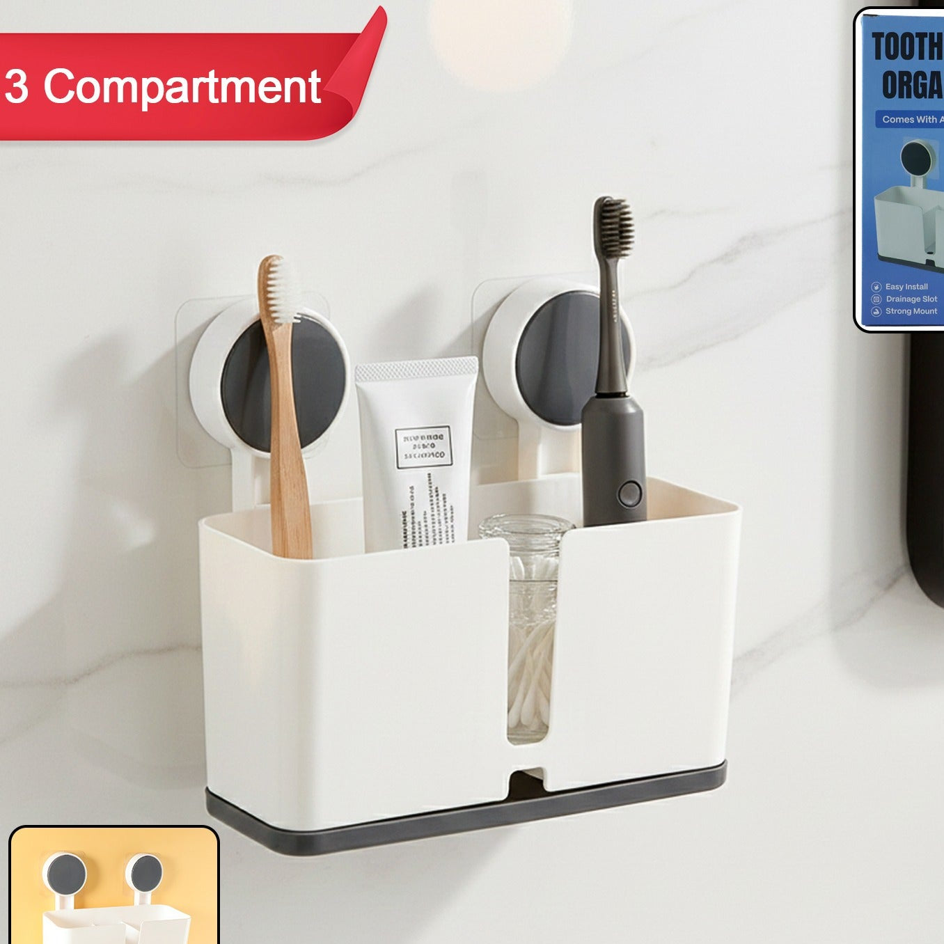 Wall Mount Toothbrush Holder with 3 Compartments - Adhesive Installation (1 Pc) - Happy Price - Image 1