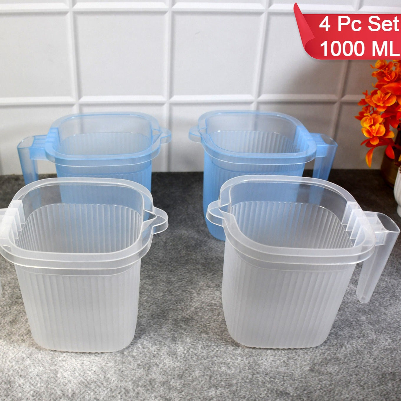 Plastic Transparent Bathroom Water Mug (4 Pc  Mix Colour  1000 Ml) - Happy Price - Image 1
