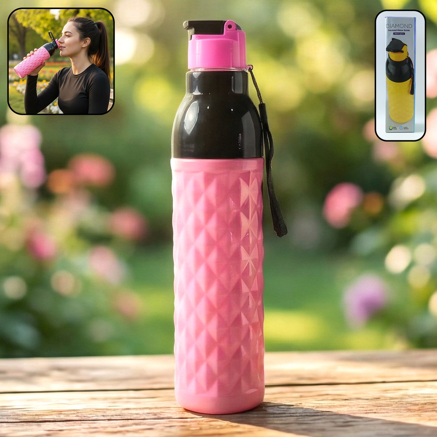 1000 ML Diamond Pattern Leakproof Water Bottle with Flip Top Lid & Carry Strap (1 Pc) - Happy Price - Image 2