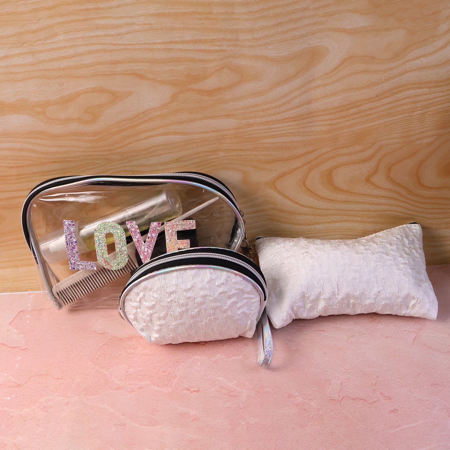 3-Piece Cosmetic Bag Set with Transparent Glitter Pouch - Happy Price - Image 3