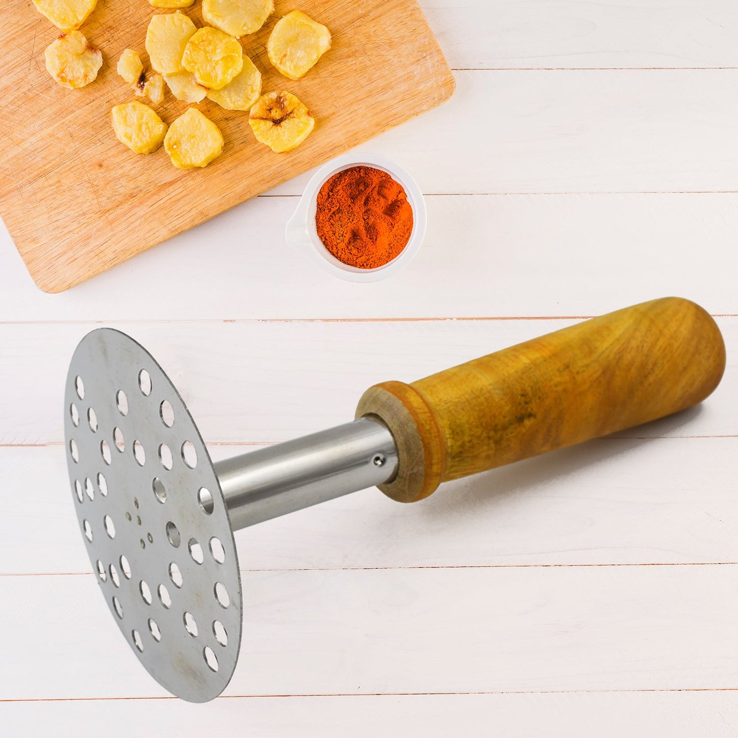 High Grade Stainless Steel Potato Masher Paubhaji  Pav Bhaji Masher With Wooden Handle (1 Pc) - Happy Price - Image 4