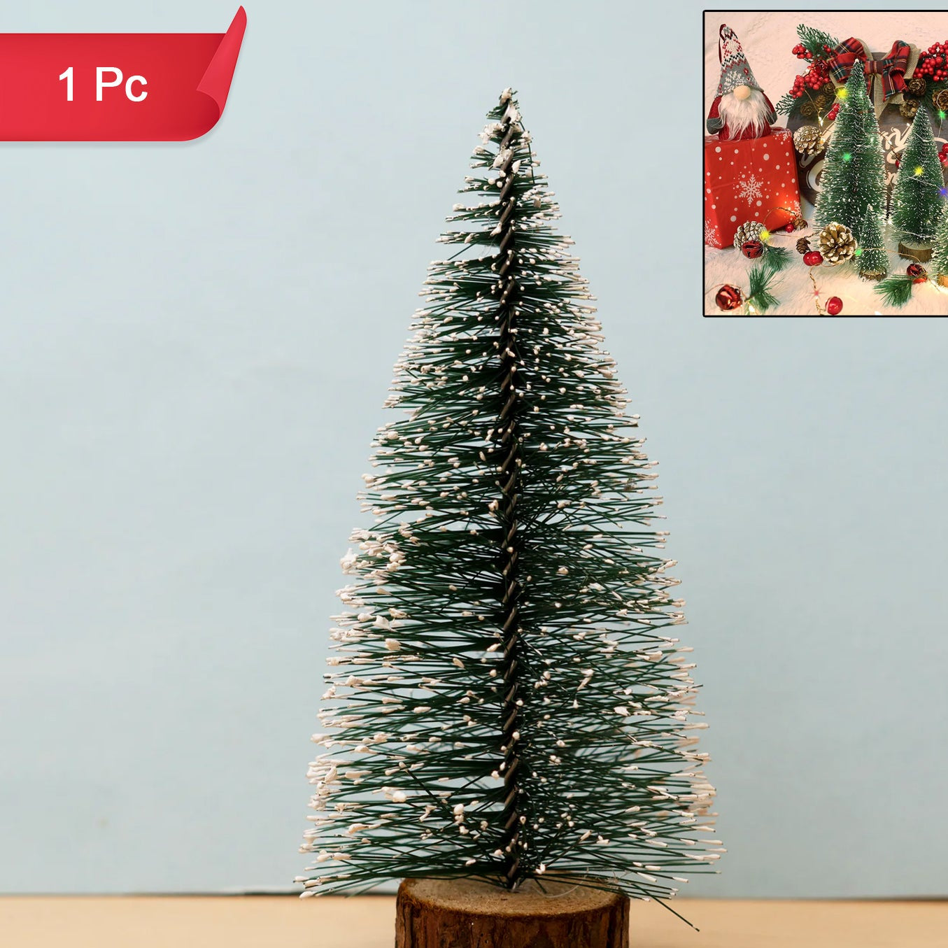 Mini Snow Effect Artificial Christmas Tree with Wooden Base (1 Pc) - Happy Price - Image 1
