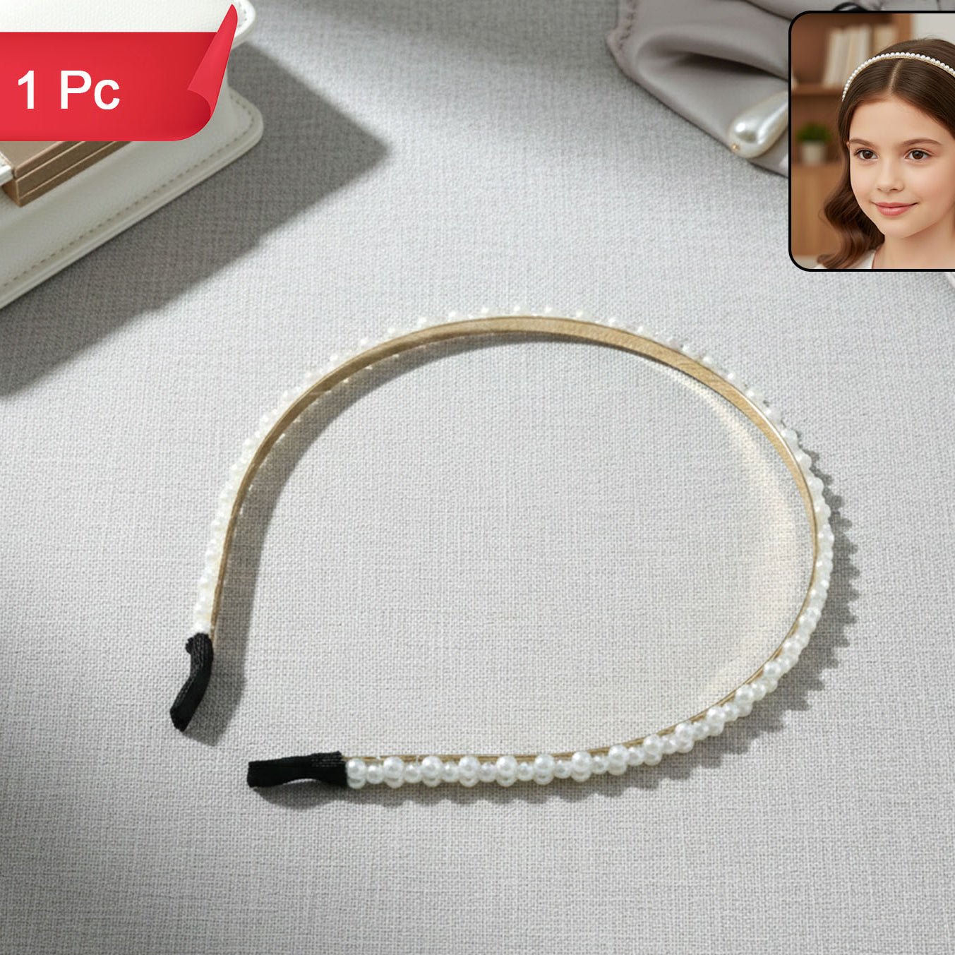 Elegant Pearl Beaded Slim Golden Metal Hair Band for Women - 1 Pc - Happy Price - Image 1