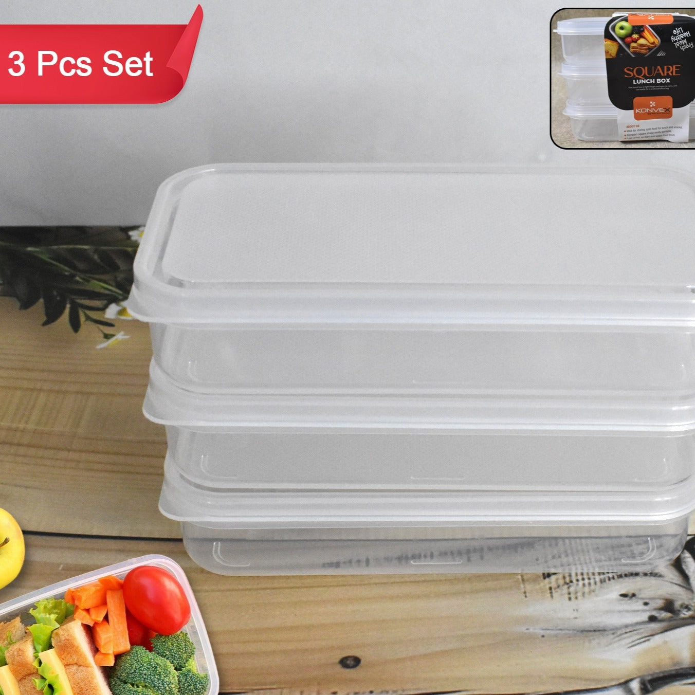 Plastic Square Lunch Box Kitchen Containers Set (3 Pcs Set) - Happy Price - Image 1