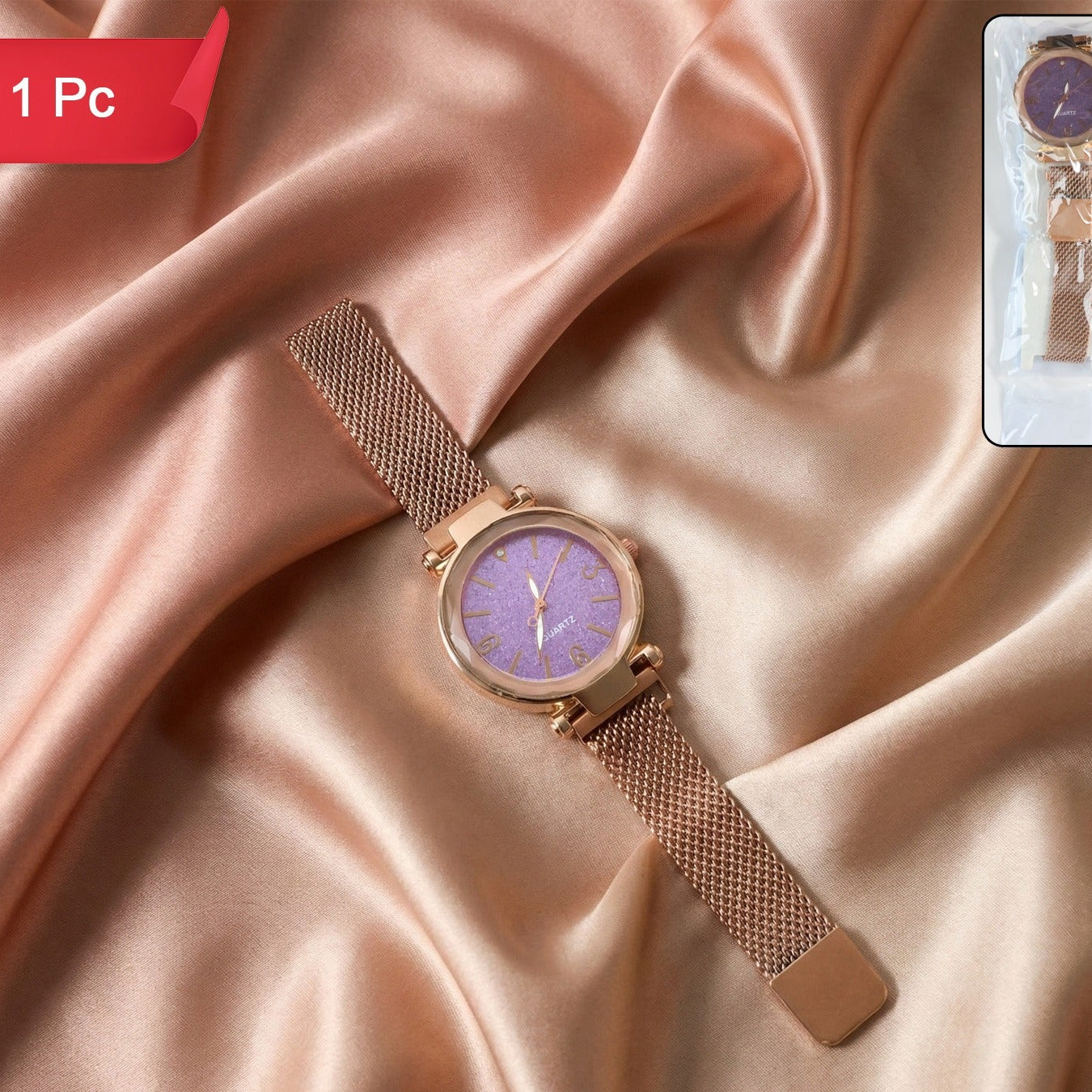 Rose Gold Mesh Strap Analog Watch for Women - Minimalist Round Dial Fashion Accessory (1 Pc) - Happy Price - Image 1
